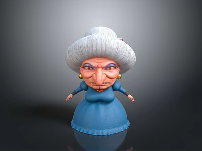 Cartoon Style Old Woman With White Hair Blue Dress And Pearl Earrings 3d model
