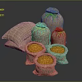 Open Burlap Sacks With Orange Grains Stacked In Various Sizes Daily Necessities