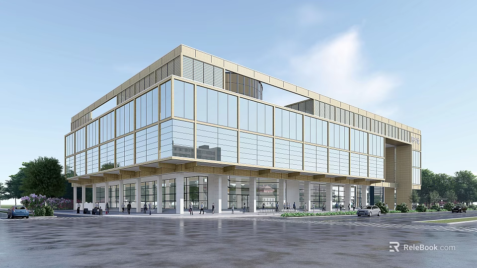 Modern Office Building With Glass Facade Golden Frame Contemporary Design And Open Entrance Area 3d model 