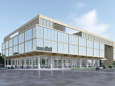 Modern Office Building With Glass Facade Golden Frame Contemporary Design And Open Entrance Area 3d model