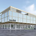 Modern Office Building With Glass Facade Golden Frame Contemporary Design And Open Entrance Area