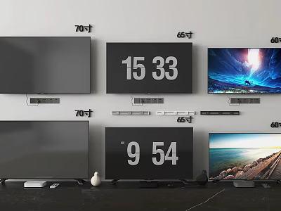 Wall Mounted TVs with 70 inch 65 inch 40 inch Screens Showing Digital Time 3d model