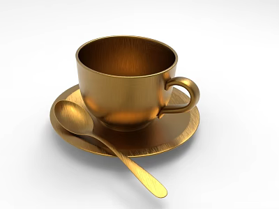 Golden Metallic Cup With Saucer And Spoon On White Background 3d model
