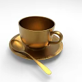 Golden Metallic Cup With Saucer And Spoon On White Background