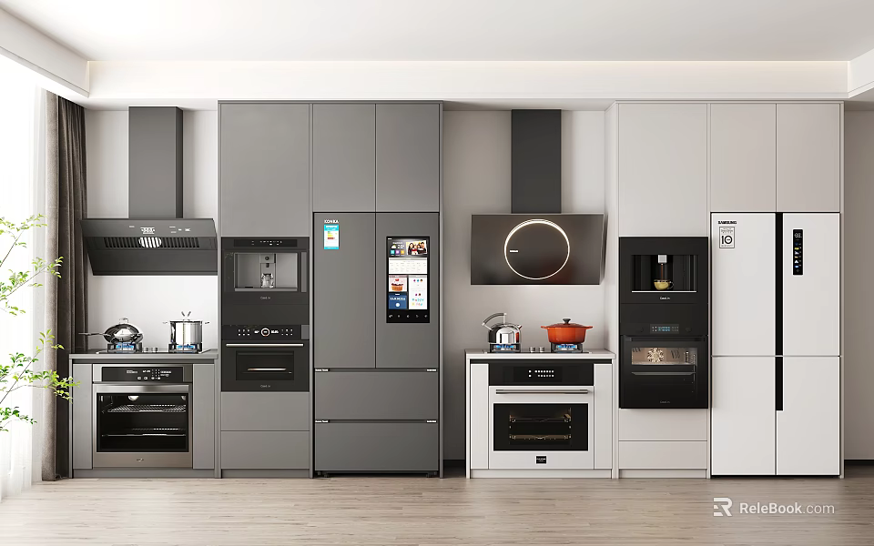 Modern Kitchen With Gray And White Cabinets Built-in Appliances Refrigerator Oven Stove And Range Hood 3d model 