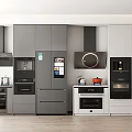 Modern Kitchen With Gray And White Cabinets Built-in Appliances Refrigerator Oven Stove And Range Hood