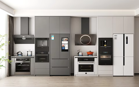 Modern Kitchen Appliances Range Hood Gas Stove Oven Refrigerator Dishwasher Straight Drink Machine 3d model