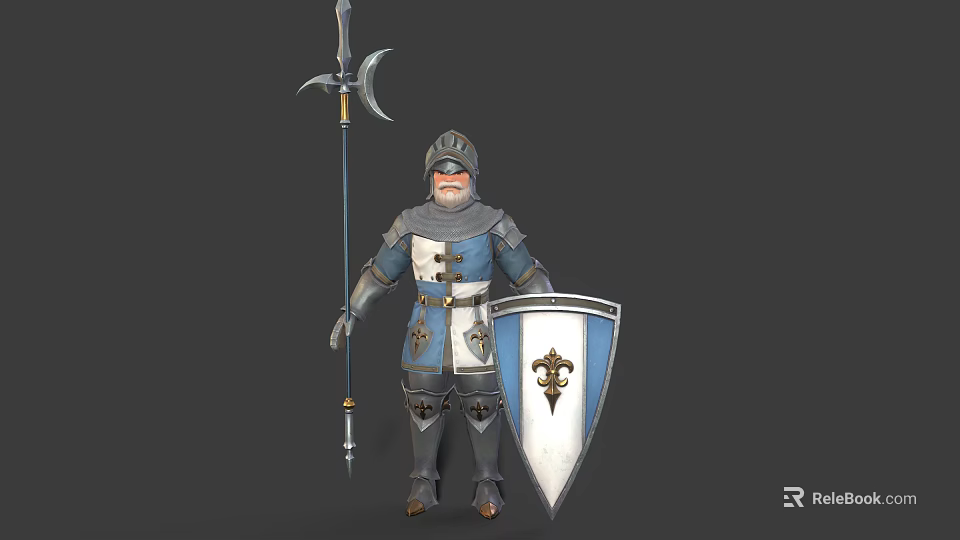 Medieval Knight Wearing Blue White Armor With Decorative Spear And Crested Shield 3d model 