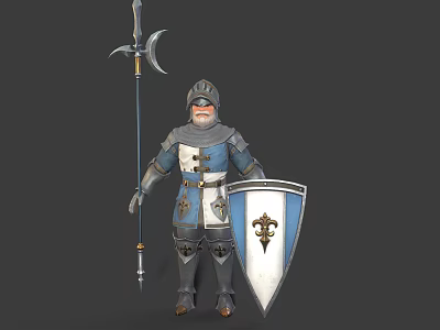Medieval Knight Wearing Blue White Armor With Decorative Spear And Crested Shield 3d model