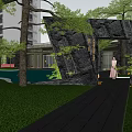 Modern Garden Landscape With Pond Curved Pathway Green Trees And Stone Decorations