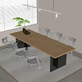 Light Wood Dining Table Set With Six Black Chairs Clear Glass Legs And Potted Plant