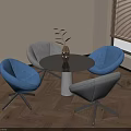 Modern Interior With Round Table Blue And Gray Chairs Vase Plants And Wooden Floor