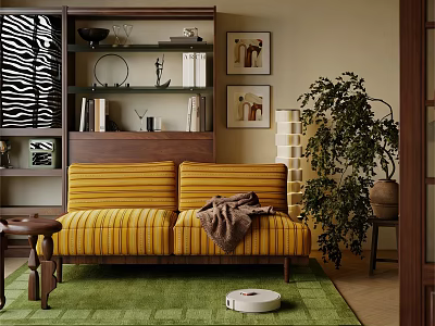 Cozy Study Room Interior With Yellow Striped Sofa Bookshelf Wall Art And Green Rug 3d model