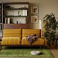Cozy Study Room Interior With Yellow Striped Sofa Bookshelf Wall Art And Green Rug
