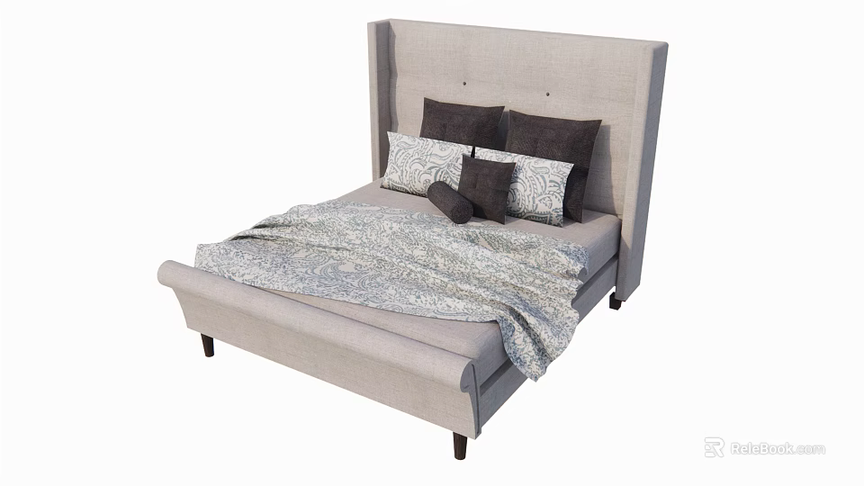 Modern Light Gray Upholstered Double Bed With High Backrest Pillows And Blanket 3d model