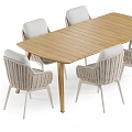 Modern Wooden Dining Table Set With Rattan Chairs And Light Gray Cushions