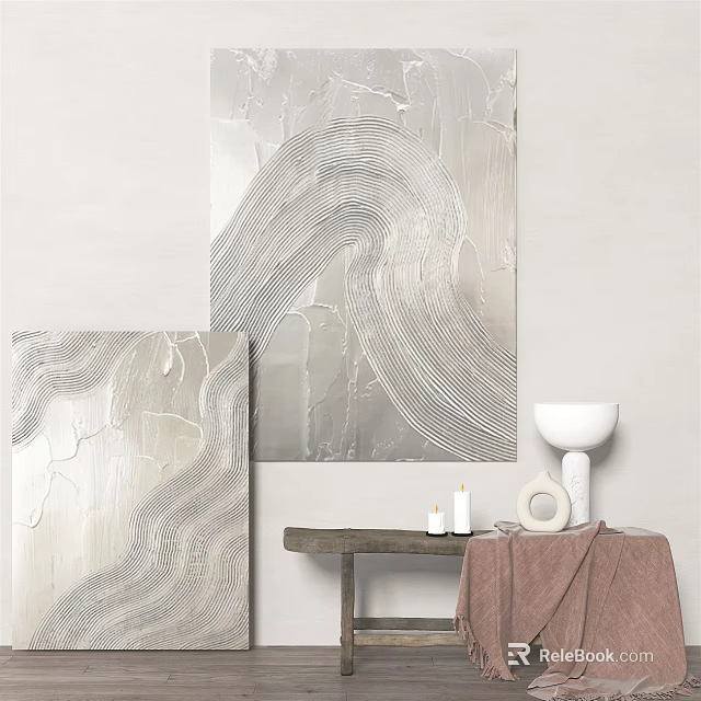 Modern Minimalist Interior With Silver Textured Abstract Paintings And Decorative Items 3d model