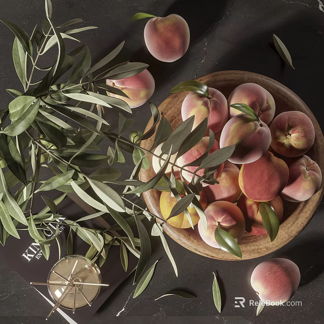 Ripe Fresh Peaches In Wooden Bowl With Green Olive Leaves On Dark Surface 3d model 