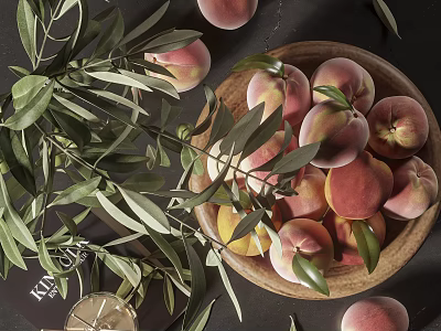 Ripe Fresh Peaches In Wooden Bowl With Green Olive Leaves On Dark Surface 3d model
