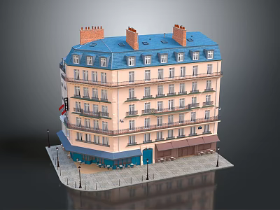 European Style Multi Storey Building With Blue Roof Red Chimneys Balconies And Outdoor Seating 3d model