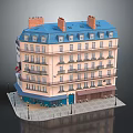 European Style Multi Storey Building With Blue Roof Red Chimneys Balconies And Outdoor Seating