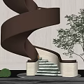 Modern Golden Spiral Staircase Design With Marble Steps Green Tree And Bushes