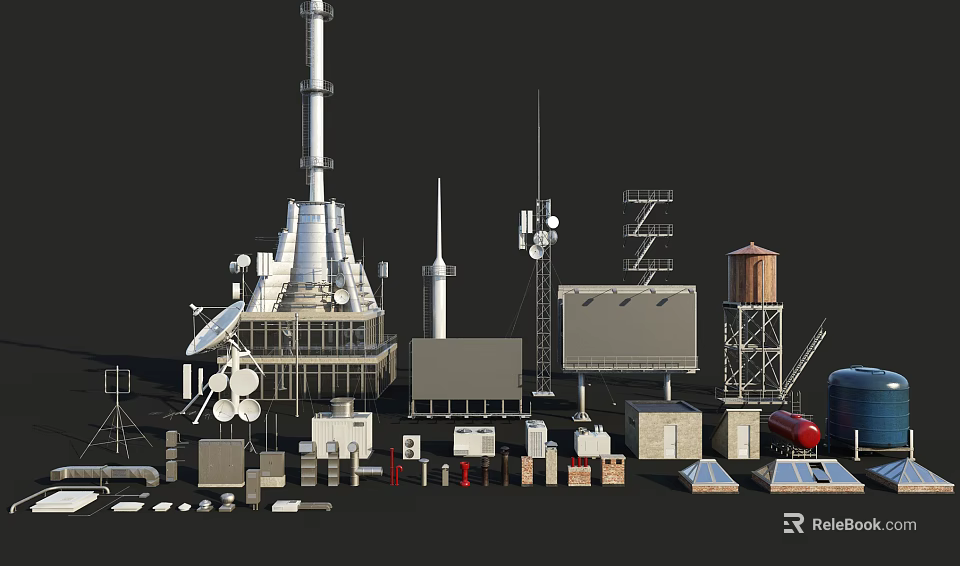 Industrial Equipment Including Tower Antennas Water Tower Storage Tanks Solar Panels And Control Cabinets 3d model 