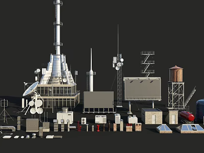 Industrial Equipment Including Tower Antennas Water Tower Storage Tanks Solar Panels And Control Cabinets 3d model