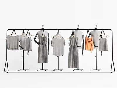 Various Gray White Orange Tops And Dresses Displayed On A Row Of Black Clothing Racks 3d model