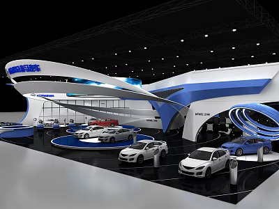 Modern Car Exhibition Booth With Sleek Design Lighting And Displayed Vehicles 3d model
