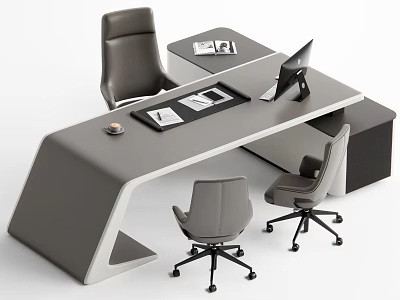 Modern Office Desk With Sleek Design Laptop Coffee Cup And Ergonomic Chairs 3d model