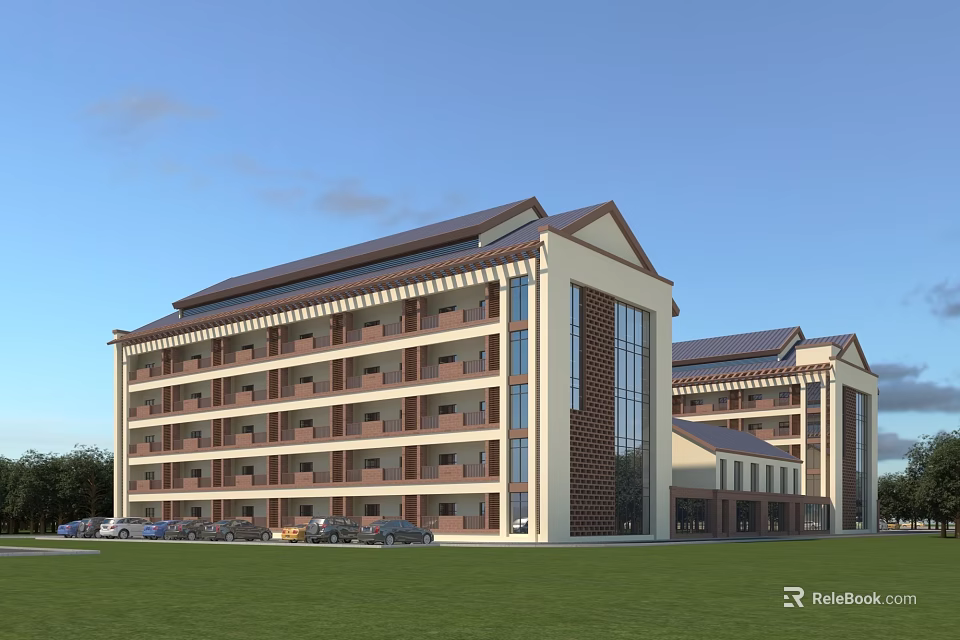 Modern Multi Story Office Building With Glass Curtain Walls Sloped Roof And Lawn Front 3d model 