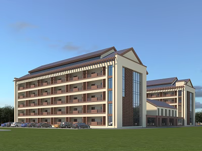 Modern Multi Story Office Building With Glass Curtain Walls Sloped Roof And Lawn Front 3d model