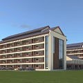 Modern Multi Story Office Building With Glass Curtain Walls Sloped Roof And Lawn Front