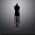 Black Mannequin Decorated With Pink Petals Standing In Dark Background