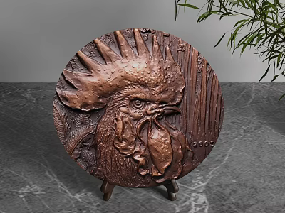 Brass Circular Rooster Head Carving Decorative Ornament on Stand with Marble Countertop and Green Plant 3d model
