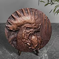 Brass Circular Rooster Head Carving Decorative Ornament on Stand with Marble Countertop and Green Plant