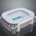 Modern White Stadium Design With Striped Columns Seating Stands LED Screen And Football Field