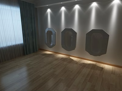 Three Geometric Wall Decor Pieces With Spotlight Illumination And Wooden Flooring 3d model