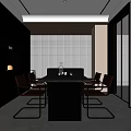 Modern Restaurant Interior With Dark Cabinets Dining Table And Chairs 3d model