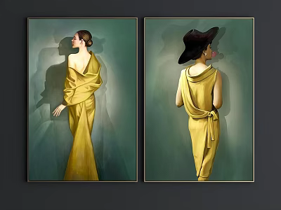 Elegant Figure Paintings of Women in Yellow Dresses with Black Hat and Green Background 3d model