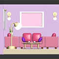 Cartoon Room Scene With Pink Sofas Purple Cushions Coffee Table Floor Lamp And Wall Clock