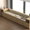 Modern Wooden Banquette Sofa With Storage By Window And Bookshelf With Table Lamp