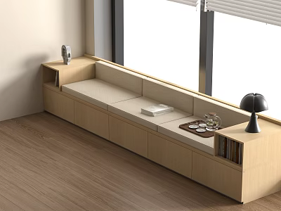 Modern Wooden Banquette Sofa With Storage By Window And Bookshelf With Table Lamp 3d model