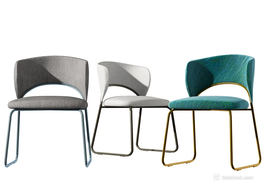 Three Modern Leisure Chairs Gray White Teal With Stylish Metal Legs Design 3d model 