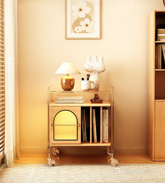 Modern Side Table With Transparent Frame Wooden Cabinet Arched Glass Door Lamp Sculpture And Books 3d model 