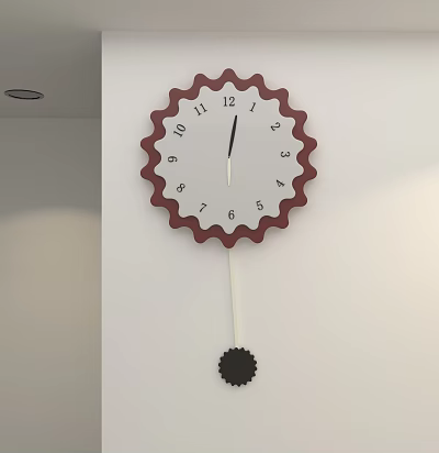 Decorative Wall Clock with Red Scalloped Rim White Dial Black Numbers and Pendulum 3d model