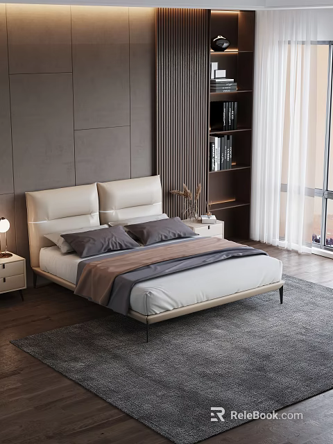 Modern Double Bed with Beige Headboard Gray Brown Blanket and Bedside Table Lamp 3d model 