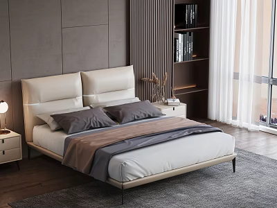 Modern Double Bed with Beige Headboard Gray Brown Blanket and Bedside Table Lamp 3d model