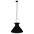 Dark Conical Metal Pendant Light Hanging On Chain Against White Brick Wall